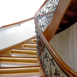 A wrought iron railing combined with wood - spiral railings