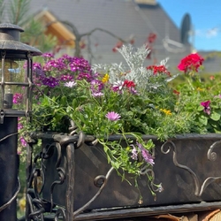 Ručne kované kvetináče osvetlené dizajnovými záhradnými lampami